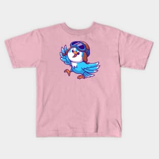 Cute Bird Waving Hand With Pilot Hat Cartoon Kids T-Shirt